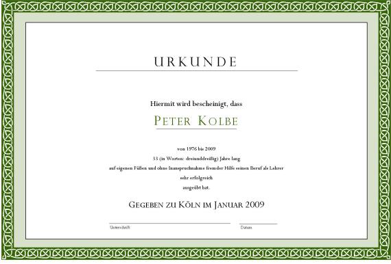 Urkunde für Peter Kolbes Leistungen als Lehrer